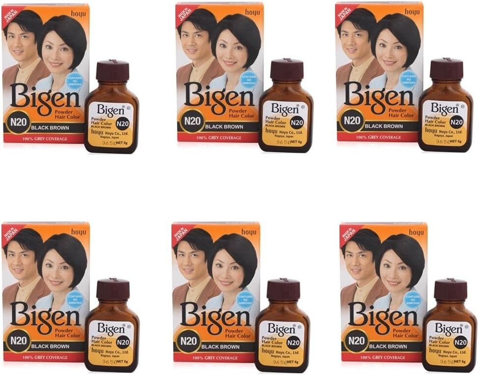 Bigen Powder Hair Color, Black Brown N20 - Pack of 6 (Combo Set) Free Shipping